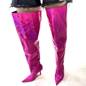 Fashion Trend Loose Pleated Upper <b>Shoes</b> Thin High Heels Pointed Toe Metallic Long Boots Women's Wide Fit Knee High Booties - Product Image 5