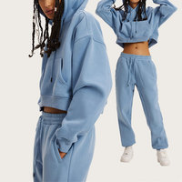 Huili kustom Logo 100% katun kosong tracksuit 2 potong sesuai Set French Terry Pullover Crop Top dasar Hoody dan jogging wanita