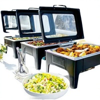 Ensemble de chauffe-plats pour buffet de restaurant, 9L, en acier inoxydable 201, avec couvercle en verre noir, pour usage commercial, chauffe-plats de traiteur, alimenté au gaz