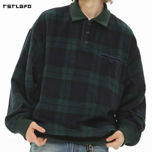 Sudadera con Capucha de Franela a Cuadros Azul Marino para Hombre, Corte Holgado, Hombros Caídos, Manga Larga, Cierre de Botones Retro, Estilo Urbano Informal - Product Image 2