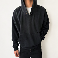 Sweat à capuche oversize délavé et vieilli pour homme avec œillets métalliques et lacets, style streetwear vintage, personnalisable, vente en gros