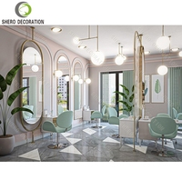 Miroir de salon de beauté vert, station de coiffure, design d'intérieur de salon de barbier, ensemble de mobilier de salon professionnel |    Conception complète de salon de beauté