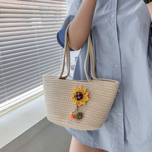 <b>Straw</b> Woven Tote <b>Bag</b> Oval Bohemian Summer Handbag With Sunflower Decoration Everyday Outfits Women's <b>Bag</b> - Product Image 3
