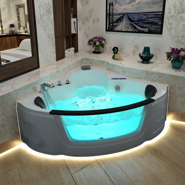 Whirlpool Luxury White Acrylic Fiberglass Jaccuzi Bathtub Massage Glass Panel European Design Includes Faucet Easy Apron