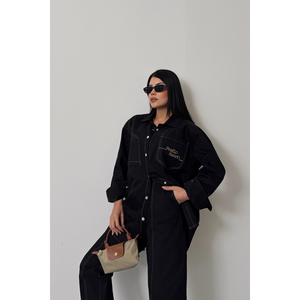 Ensemble chemise et pantalon en denim jaune pour femmes - Product Image 4