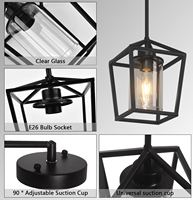 Lampe suspendue industrielle moderne noire en forme de cage géométrique avec abat-jour intérieur en verre transparent, réglable, pour éclairage décoratif en gros