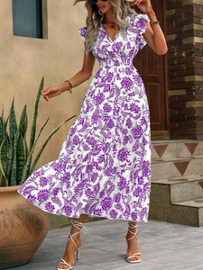 Vestido Casual de Verano para Mujer, Diseño Floral, Tejido de Alta Gama, Ecológico, con Mangas con Volantes, Corte en A, Cuello en V y Cintura Ajustada - Product Image 2