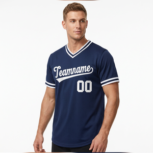 Maillot de baseball personnalisé bleu marine, col en V, manches courtes, polyester, uniforme de softball, impression sérigraphique, unisexe, séchage rapide, respirant - Product Image 1
