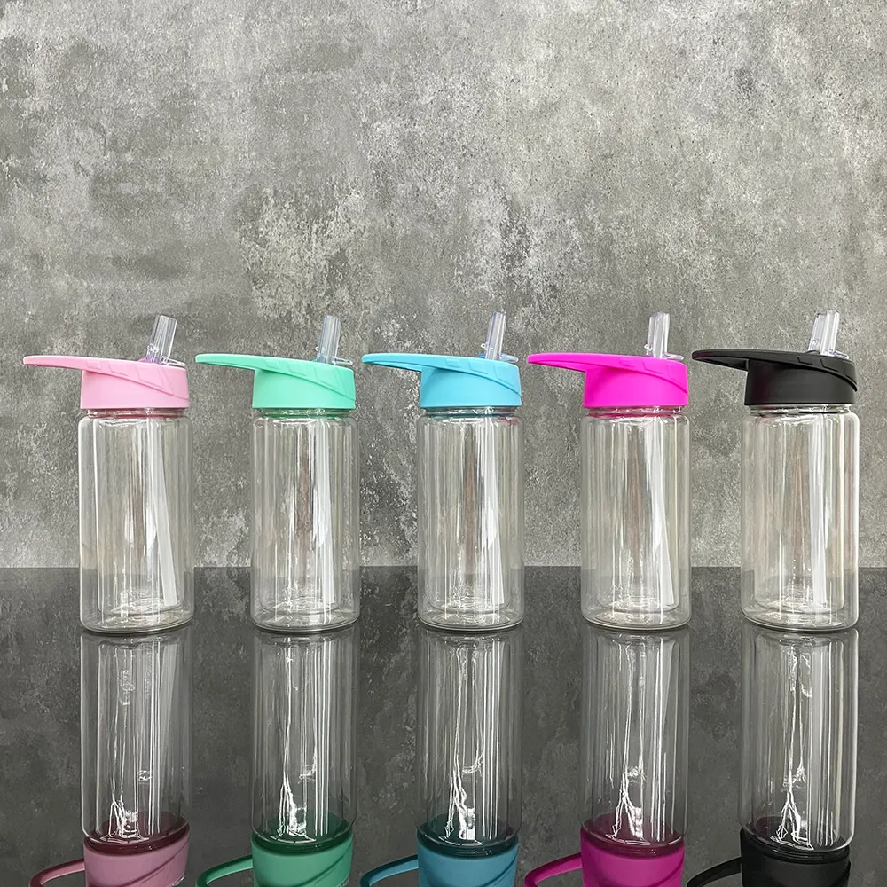 RTS 10oz/15oz BPA 무료 이중 벽 아크릴 플라스틱 미리 드릴 스노우 글로브 물병 DIY 인쇄용 플립 빨대 플러그