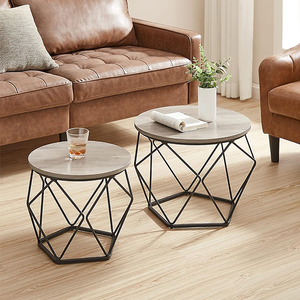 Set di Tavolini <span class=keywords><strong>da</strong></span> Caffè Rotondi Moderni Industriali con Base in Metallo Nero e Struttura in Legno e Metallo per Soggiorno - Product Image 2