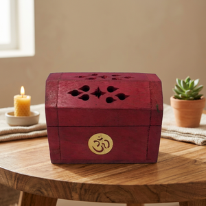 Mini Organic <b>Chinese</b> Wooden Hand Carved <b>Incense</b> Cone <b>Burner</b> Holder in Red Color with Om Inlay for Aromatherapy - Product Image 2