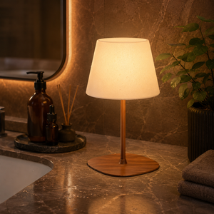 Shower Wooden Table Lamp With Fabric Drum Shade Warm waterproof <b>Light</b> For Bathroom Shower Area Waterproof Design - Product Image 5