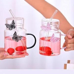 Hot Sale Glas Wasser flasche Glas becher Schmetterling Design mit Strohhalm - Product Image 3