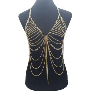Novo Conjunto de Joias Corporais <span class=keywords><strong>Sexy</strong></span> com Correntes para Mulheres, Sutiã de Correntes Douradas com Borlas e Múltiplas Camadas, Acessório de Peito para Festas e Beleza - Product Image 1