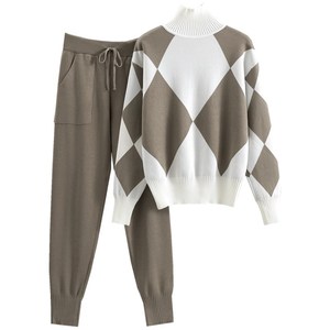 Ensemble de pulls en tricot à carreaux pour femmes, décontracté, deux pièces, automne-hiver, style européen, SMLXLXXL, kaki, noir, bleu, rouge - Product Image 5