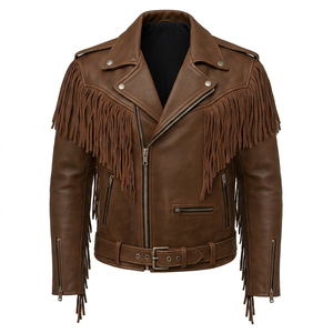Chaqueta de Moto para Hombre, de Cuero Vacuno Marrón, Estilo Urbano, Resistente al Viento, Ecológica, con Cierre de Cremallera y Flecos, Cuello Camisero, Corte Regular - Product Image 1