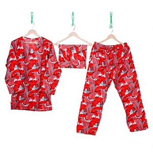 Conjunto de Pijama de Mujer Hecho a Mano, 100% Algodón Ecológico, Transpirable, con Estampado Floral/Unicolor, Cuello en V, Manga Larga, 3 Piezas - Product Image 1