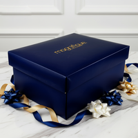 Boîte à sacs pliables en papier écologique avec logo doré personnalisé de luxe, ensemble cadeau, sacs de shopping bleus haut de gamme, chaussures, fourrure