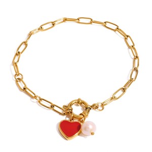 Heart Shape Pearl Charm <b>Bracelet</b> For Women Gold Chain With <b>Red</b> Heart Pendant Gift Jewelry Fashion Accessory - Product Image 1