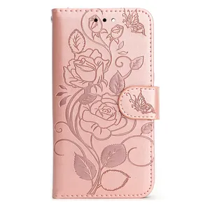 Casing ponsel kulit Pu Flip bunga mawar timbul pemegang dompet kustom casing ponsel untuk Moto G 5GPlus G30 G60 G50 G100