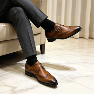 Classic British Style <strong>Men's</strong> <strong>Tan</strong> Single Monk Strap Shoes Wingtip <strong>Brogue</strong> Genuine Leather Dress Shoes Design OEM/ODM Available - Product Image 5