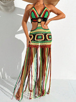Robe de plage en crochet faite à la main, style halter, multicolore, à franges, découpée, style bohème, pour les festivals et les vacances