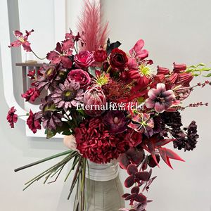 ดอกไม้ประดิษฐ์เซคเล็ตการ์เด้น สีแดงไวน์ กุหลาบ ไฮเดรนเยีย ยูคาลิปตัส ของตกแต่งงานแต่งงาน อุปกรณ์ประกอบฉากกลางแจ้ง - Product Image 1