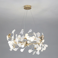 Lustre moderne en cuivre à feuilles de Ginkgo LED, décoration d'intérieur, anneau doré, anneau circulaire en céramique blanche, luminaire suspendu pour table à manger