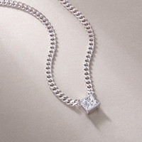 Pendentif Gema Coupe Princesse d'Usine d'Origine, Collier Fin en Argent 925 avec Chaîne Cubaine pour Femme et Moissanite