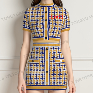 Abbigliamento di produzione maglione Casual <span class=keywords><strong>pied</strong></span> <span class=keywords><strong>de</strong></span> <span class=keywords><strong>poule</strong></span> da donna blu oro brillante bianco due pezzi Set <span class=keywords><strong>Cardigan</strong></span> a maniche corte - Product Image 1