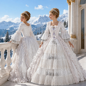 Abito da ballo bianco vittoriano rococò da donna, stile Regina delle Nevi, con balze a strati, maniche a campana, per spettacoli teatrali e feste - Product Image 2