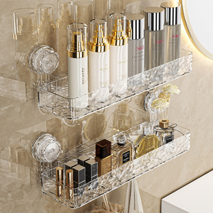 Wall Mounted Suction Cup Shelf Transparent Rectangular Bathroom Storage Rack With Hooks Durable Design - Product Image 1