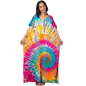 Stock 4colors kaftan tye dye print beach maxi dresses bohemian swimwear women cover up