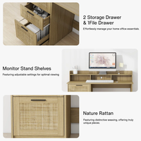 Bureau d'écriture moderne naturel de 47 pouces avec tiroirs en rotin, support pour écran et armoire de rangement, bureau d'ordinateur pour la maison avec étagères