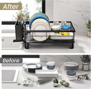 Estante de secado de platos Estante de platos pequeño para mostrador de cocina <span class=keywords><strong>Escurridor</strong></span> de platos <span class=keywords><strong>con</strong></span> soporte para utensilios y <span class=keywords><strong>escurridor</strong></span> negro - Product Image 4
