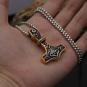 yunnique Thor's Hammer Pendant Stainless Steel Two Tone Gold 60cm <b>Chain</b> Retro Viking Style <b>Men's</b> Necklace Gift - Product Image 4