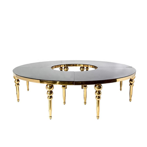 Tavolo Rotondo a Specchio Nero con Base in Acciaio Inox Dorato, Tavolo <span class=keywords><strong>da</strong></span> Pranzo Riflettente di Alta Gamma per Matrimoni e Banchetti - Product Image 1