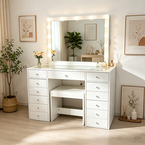 Coiffeuse avec éclairage, coiffeuse avec multiprise, ensemble de coiffeuse avec grands tiroirs, miroir de coiffeuse, blanc - Product Image 1