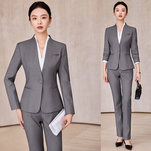 Women's Suit Set Gray Polyester Office Lady Anti-Wrinkle Full Sleeve Autumn Wear - Product Image 1