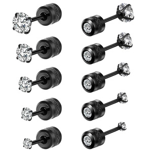 Pendientes de circonita cúbica, 5 pares, con engaste de garra redonda y cierre de rosca, unisex, para uso diario - Product Image 2