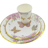 Vaso de papel desechable estampado en caliente serie mariposa 7 pulgadas 9 pulgadas plato de papel platos de papel suministros de fiesta de cumpleaños