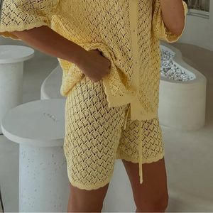 Custom 2026 <b>Crochet</b> Two Piece <b>Set</b> Women V Neck Short Sleeve Shirt And Shorts Beach Vacation Outfits 100% Cotton Breathable - Product Image 2