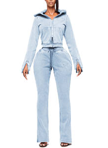 Set tuta da donna autunno inverno 2 pezzi felpa corta con cappuccio e Zip con <span class=keywords><strong>pantaloni</strong></span> a zampata top corti per ragazze alte - Product Image 3