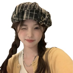 Béret à carreaux pour femmes, chapeau octogonal artistique rétro, amincissant le visage, en coton, style japonais, automne et hiver - Product Image 5