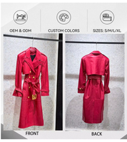 Manteau long en cuir rouge sur mesure OEM pour femme, double boutonnage, revers cranté, boutons dorés, ceinture, veste d'hiver