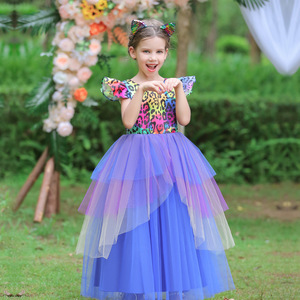Vestido de niña de flores para niños, vestido de tul morado y azul, disfraz de cosplay con cuello redondo, talla mediana y grande - Product Image 1