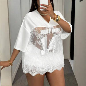 Fashion Y2K Letter Stitching Lace Loose Tshirt Women Neck Short Sleeve <strong>See</strong> <strong>Though</strong> Hollow Out <strong>Tops</strong> - Product Image 2