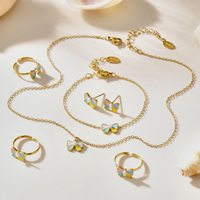 Collier, bracelet et bague unisexe pour enfants en acier inoxydable plaqué or 14 carats avec pierre naturelle de bambou, style bouddhiste Xiao Qing Xin