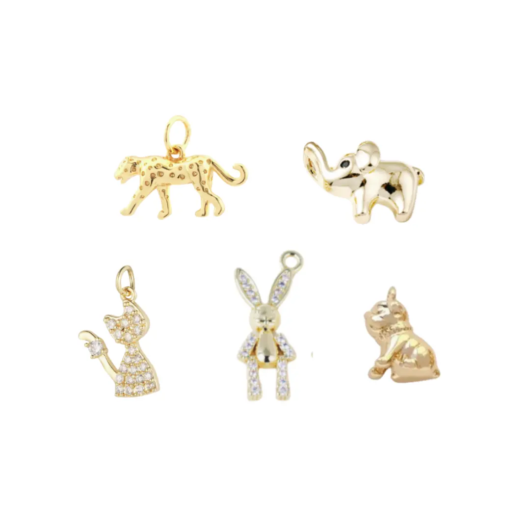 Pingentes DIY para fazer joias de animais, elefante leopardo, buldogue, coelho e gato, material de latão com ouro 14K