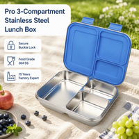 Grande boîte à bento pour enfants en acier inoxydable à 3 compartiments, 304, chauffable au micro-ondes, sans BPA, étanche, avec couvercle en plastique amovible LFGB